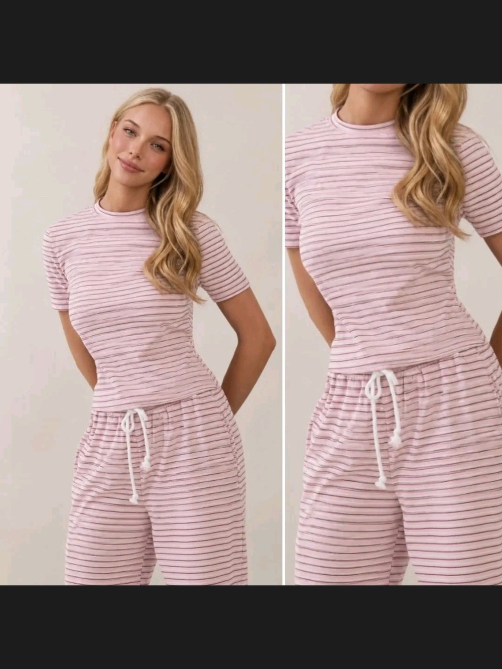 Veveret Brushed Velvet Pink Stripe Short-Sleeve Lounge Set - Picture 1 of 4